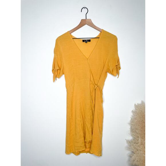 Lulus My Philosophy Wrap Dress Size Small Yellow Short Sleeve Tie Side Mini - Picture 4 of 11